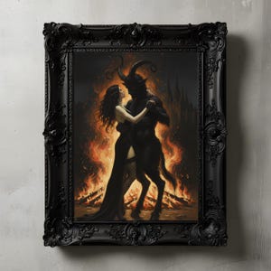 Dancing with the Devil Art Print, Gothic Romance Wall Decor, Dark Academia Baphomet Painting, Bonfire Occult Poster, Witchy Room Decor Art
