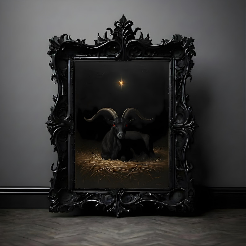 May include: A black framed artwork depicting a black goat with red eyes resting on hay, under a bright star. The frame is elaborately decorated. The artwork is set against a dark background.