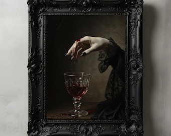 Blood Chalice Vampire Art Print, Dark Academia Decor, Victorian Gothic Wall Art, Moody Macabre Painting, Dark Romanticism Poster