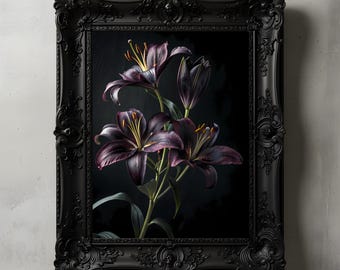 Moody Black Lily Art Print, Dark Botanical Wall Decor, Gothic Floral Photography, Victorian Mourning Flowers, Elegant Dark Academia Art