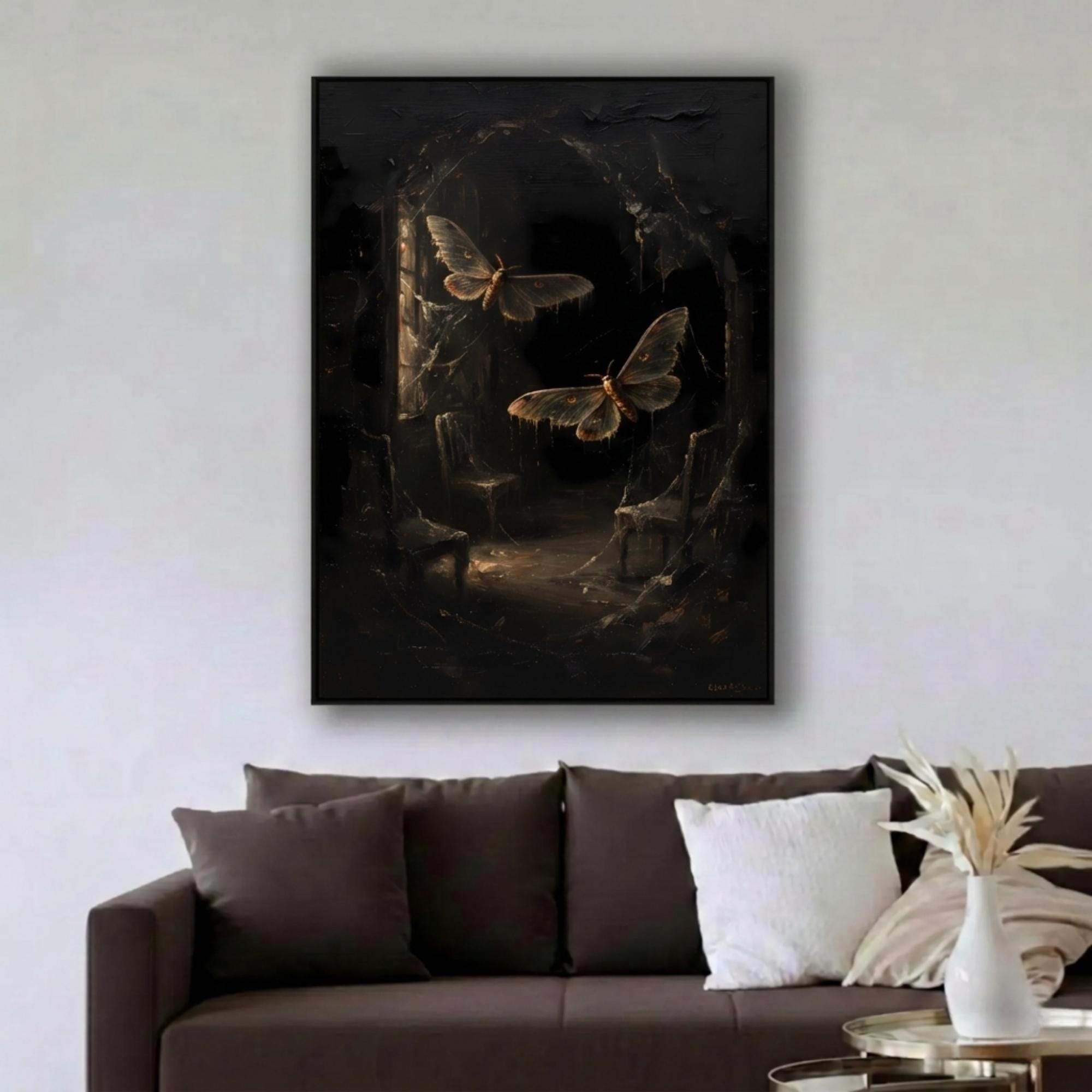 Gothic Moth Oil Painting, Abandoned Room Wall Art, Dark Academia Decor ...