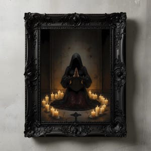 Arte mural ritual gótico oscuro, impresión de bruja encapuchada con velas, pintura de oración oculta, decoración de santuario macabro, póster de la Academia Oscura Esotérica