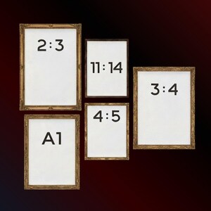 May include: Five framed art prints with different aspect ratios, including "2:3", "11:14", "4:5", "3:4", and "A1". The frames have a gold-coloured, ornate design. The background is a gradient of dark red to black.