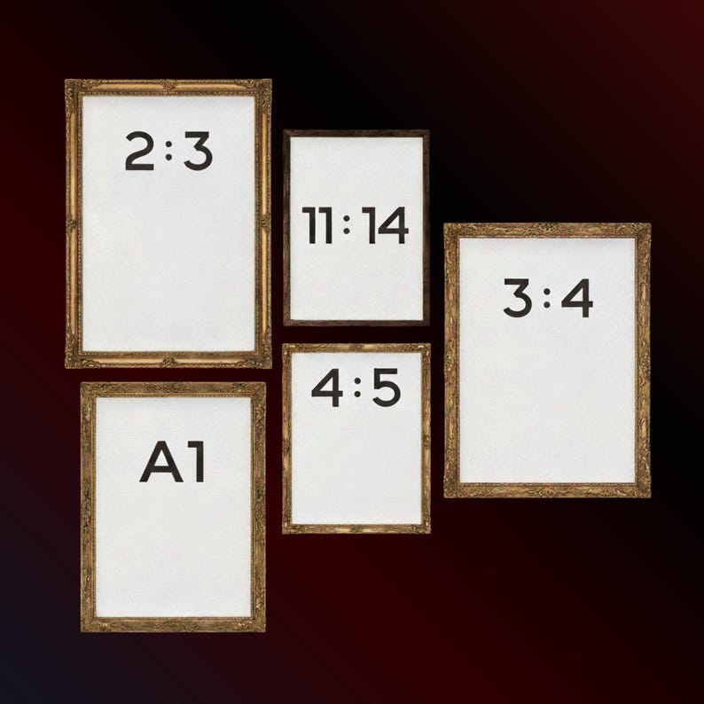 May include: Five framed art prints with different aspect ratios, including "2:3", "11:14", "4:5", "3:4", and "A1". The frames have a gold-coloured, ornate design. The background is a gradient of dark red to black.