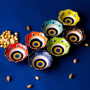 Set of 7 Handmade evil eye Ceramic tapas Bowls | Unique and Colorful Serveware small snack plates | great Christmas  gift for her turkish