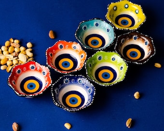 Handmade Turkish Ceramic Evil Eye Bowls: Colorful Tapas Snack Plates, Set of 7