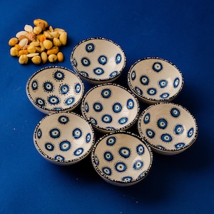 Set of 7 Handmade evil eye Ceramic tapas Bowls | Unique and Colorful Serveware small snack plates | great Christmas gift gift for her