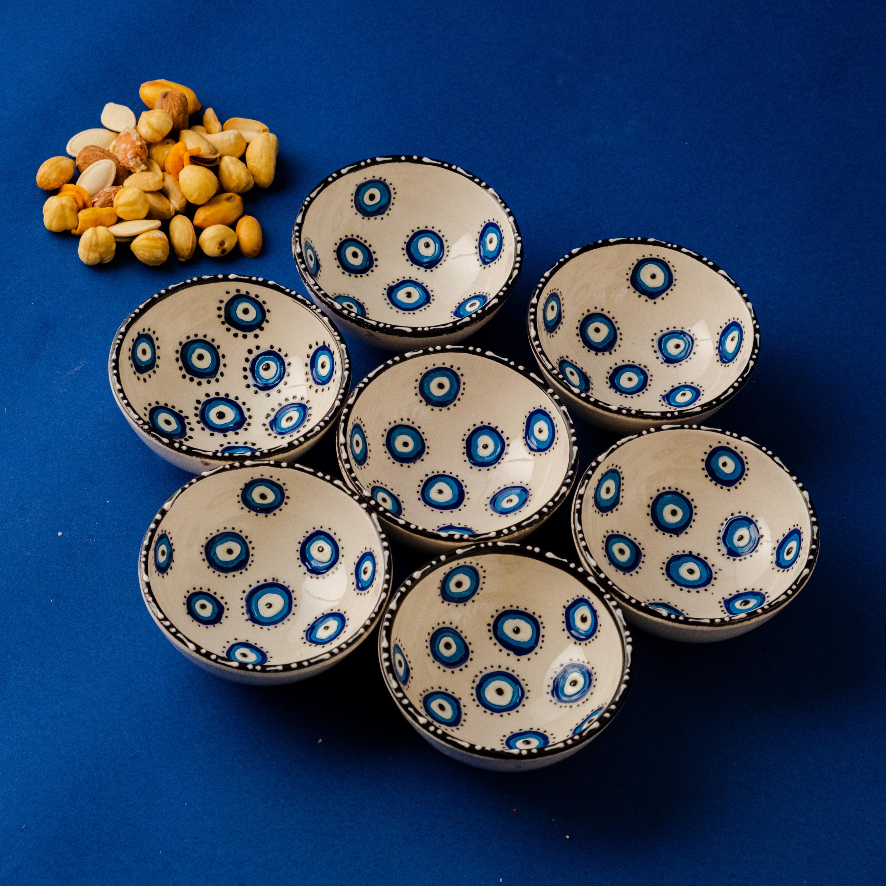 Handmade Turkish Ceramic Evil Eye Bowls: Tapas Snack Plates, Set of 7
