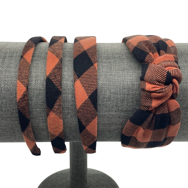 Burnt Orange & Black Buffalo Plaid Headbands | Fall Hair Bands, Top Knots for Women or Girls