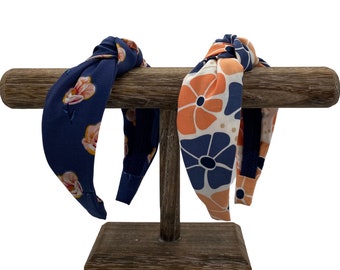 Floral Top Knot Headband - Navy Floral or Retro Floral Deco in Ivory, Peach, Orange & Tan