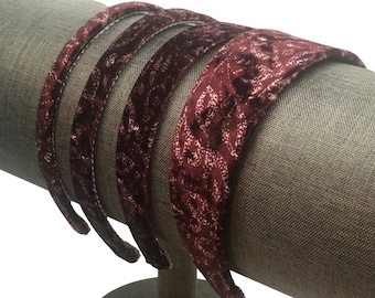 Velvet Headband - Burgundy & White Leaf Print - Choose Width