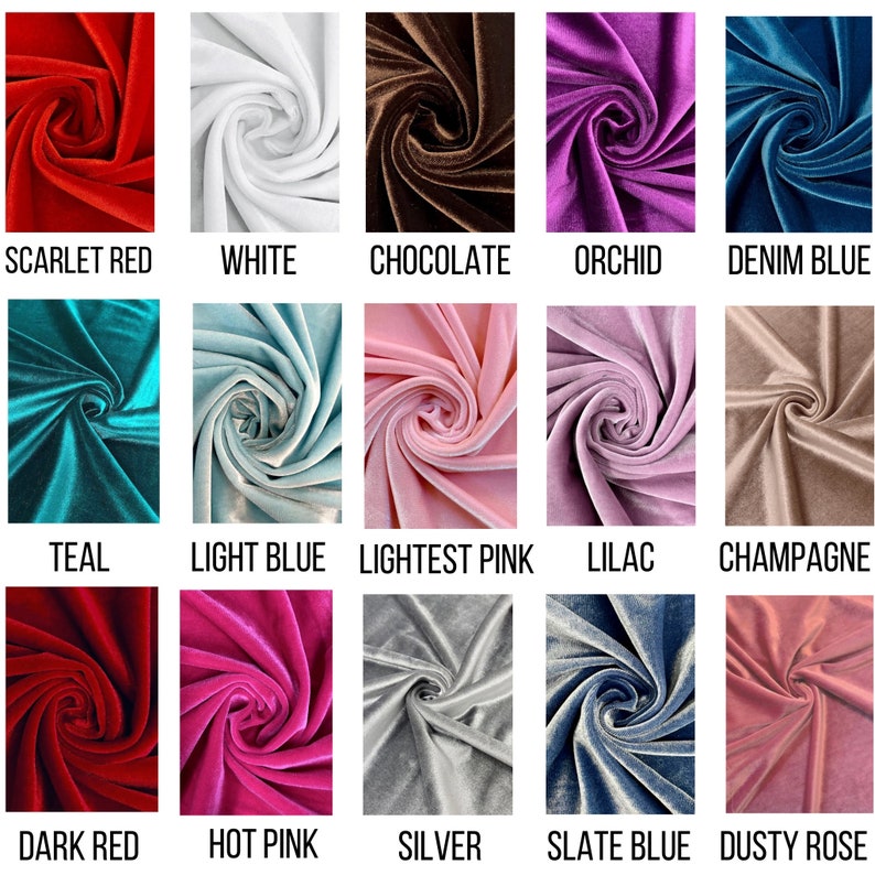 Velvet Headbands 15 fabric swatches in various colors, including scarlet red, white, chocolate, orchid, denim blue, teal, light blue, lightest pink, lilac, champagne, dark red, hot pink, silver, slate blue, and dusty rose. The fabric swatches are arranged in a grid of three rows and five columns. Each swatch is a close-up of the fabric texture, showing the velvet pile.