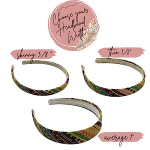 May include: Three headband widths are shown: skinny 3/8 inch, thin 1/2 inch, and average 1 inch. Each headband is made of a patterned fabric with a white elastic backing.