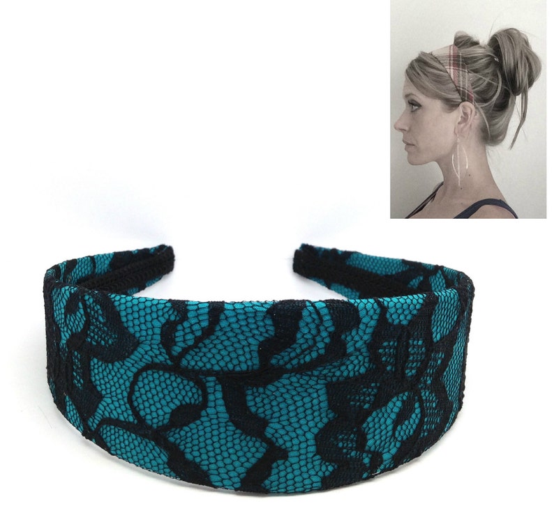 Black Lace and Teal Preppy Headband Lace Headband Adult Etsy