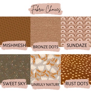 Op de afbeelding: Stofkeuzes voor een project. De opties zijn Mishmesh, Bronze Dots, Sundaze, Sweet Sky, Unruly Nature en Rust Dots.