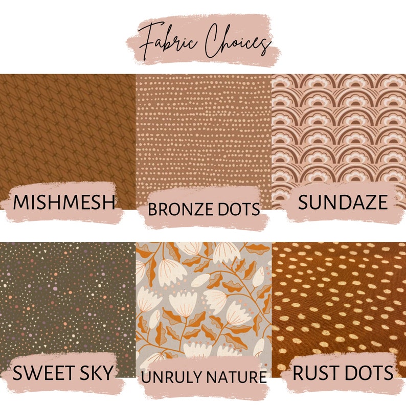 Op de afbeelding: Stofkeuzes voor een project. De opties zijn Mishmesh, Bronze Dots, Sundaze, Sweet Sky, Unruly Nature en Rust Dots.
