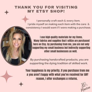 Puede incluir: Una mujer sonr&iacute;e c&aacute;lidamente a la c&aacute;mara. El texto dice "&iexcl;Gracias por visitar mi tienda de Etsy!" e incluye informaci&oacute;n sobre el compromiso de la propietaria de la tienda con la calidad, la satisfacci&oacute;n del cliente y el apoyo a las peque&ntilde;as empresas.