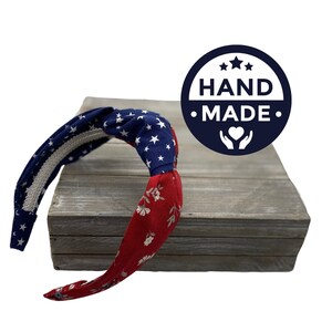Patriotic Red, White, Blue Top Knot Headband | Floral & Stars image 5