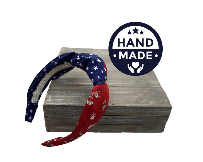 Patriotic Red, White, Blue Top Knot Headband | Floral & Stars image 5