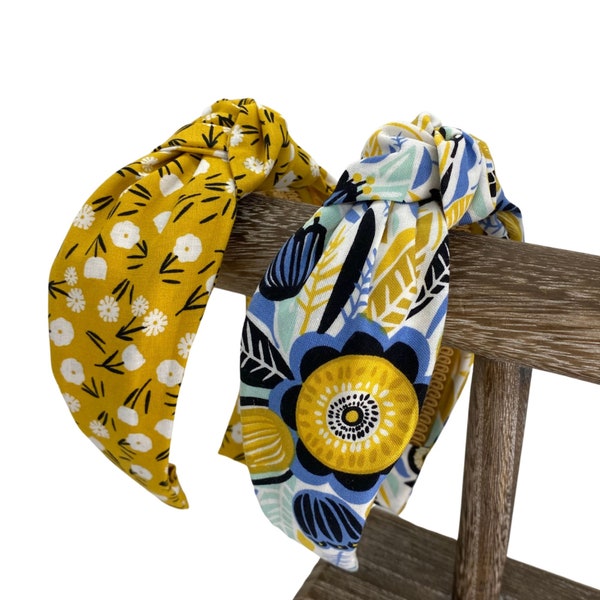 Yellow Top Knot Headbands - Mustard Ditzy Floral or Mustard, Blue, Mint and Black Floral