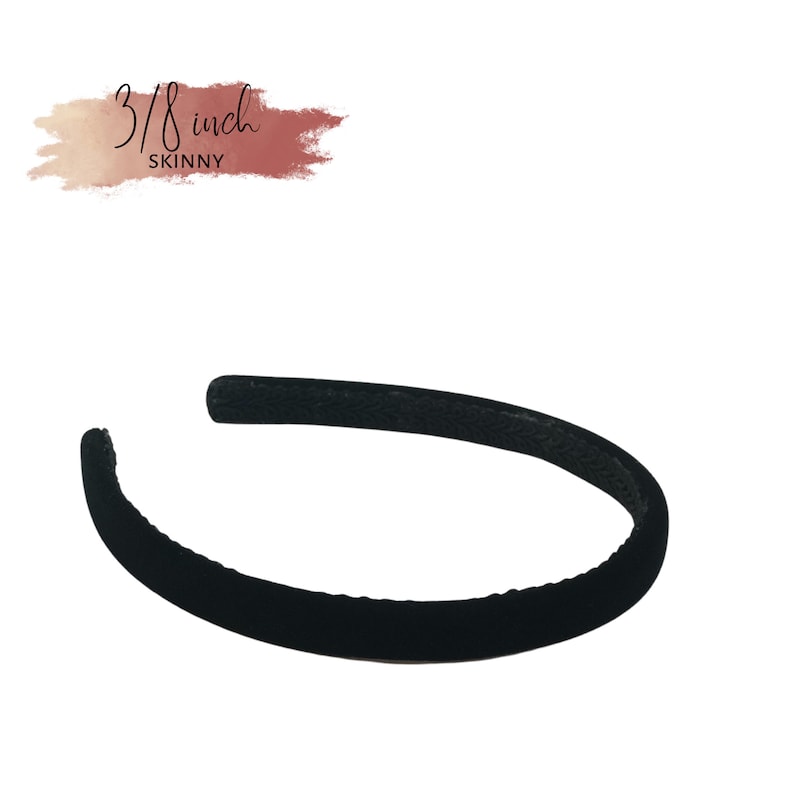 Black velvet headband available in 30 different colors. The headband is 3/8 inch wide and is labeled '3/8 inch skinny'.