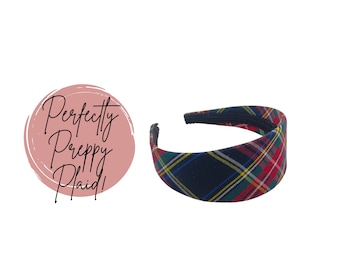 Preppy Traditional Black Tartan Plaid Headband - Extra Wide Hair Band