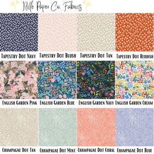 Peut inclure: Une collection d'&eacute;chantillons de tissus avec divers motifs floraux et &agrave; pois. La rang&eacute;e sup&eacute;rieure pr&eacute;sente des motifs Tapestry Dot en marine, blush, beige et rouge&acirc;tre. La rang&eacute;e du milieu pr&eacute;sente des motifs English Garden en rose, bleu, marine et cr&egrave;me. La rang&eacute;e inf&eacute;rieure affiche des motifs Champagne Dot.