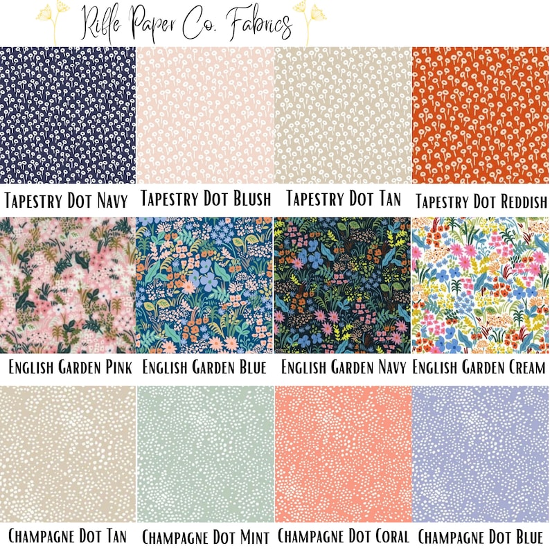 Peut inclure: Une collection d'&eacute;chantillons de tissus avec divers motifs floraux et &agrave; pois. La rang&eacute;e sup&eacute;rieure pr&eacute;sente des motifs Tapestry Dot en marine, blush, beige et rouge&acirc;tre. La rang&eacute;e du milieu pr&eacute;sente des motifs English Garden en rose, bleu, marine et cr&egrave;me. La rang&eacute;e inf&eacute;rieure affiche des motifs Champagne Dot.