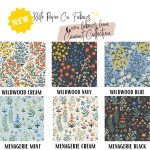 Peut inclure: Pr&eacute;sentation de six motifs de tissus Rifle Paper Co. Les tissus pr&eacute;sentent des motifs floraux dans diverses palettes de couleurs, notamment des fonds cr&egrave;me, marine et bleus. Le texte "NEW" et "Camont Collection" est &eacute;galement visible.