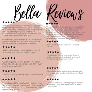 Peut inclure: Graphique rose et blanc avec les mots "Bella Reviews" dans un style manuscrit. L'image pr&eacute;sente des avis clients sur des bandeaux, avec des &eacute;valuations par &eacute;toiles et des citations sur la qualit&eacute; et le confort du produit.