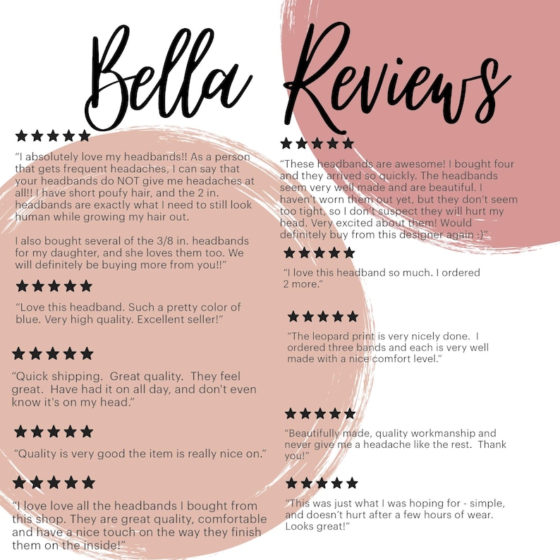 Peut inclure: Graphique rose et blanc avec les mots "Bella Reviews" dans un style manuscrit. L'image pr&eacute;sente des avis clients sur des bandeaux, avec des &eacute;valuations par &eacute;toiles et des citations sur la qualit&eacute; et le confort du produit.