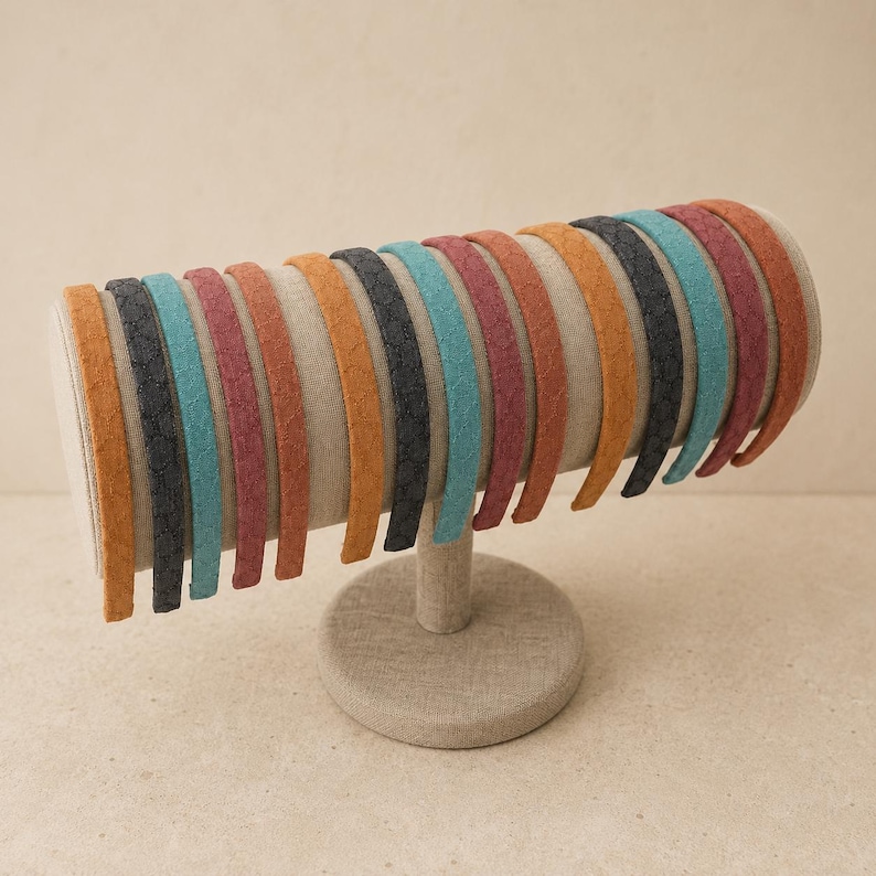 May include: A collection of thin headbands arranged on a cylindrical display stand. The headbands feature a textured surface and come in a variety of colors including orange, dark gray, teal, maroon, and rust, all lined up side by side.
