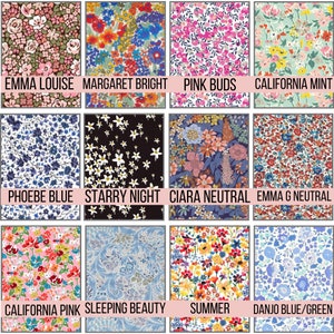 May include: A collection of floral fabric swatches with various patterns and colors. Each swatch features a different design, including pink roses, blue and orange blooms, and white star-shaped flowers. The names of the patterns are displayed below each swatch.