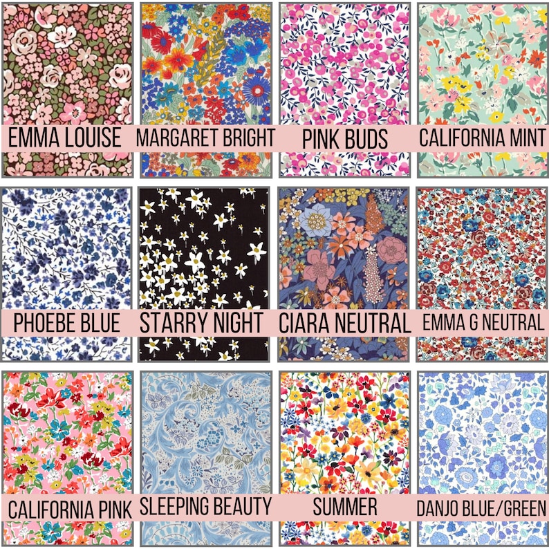 May include: A collection of floral fabric swatches with various patterns and colors. Each swatch features a different design, including pink roses, blue and orange blooms, and white star-shaped flowers. The names of the patterns are displayed below each swatch.