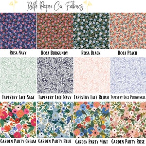 Peut inclure: &Eacute;chantillons de tissus &agrave; motifs floraux vari&eacute;s. Les tissus comprennent des motifs nomm&eacute;s Rosa Navy, Rosa Burgundy, Rosa Black, Rosa Peach, Tapestry Lace Sage, Tapestry Lace Navy, Tapestry Lace Blush, Tapestry Lace Periwinkle, Garden Party Cream, Garden Party Blue, Garden Party Mint et Garden Party Rose.