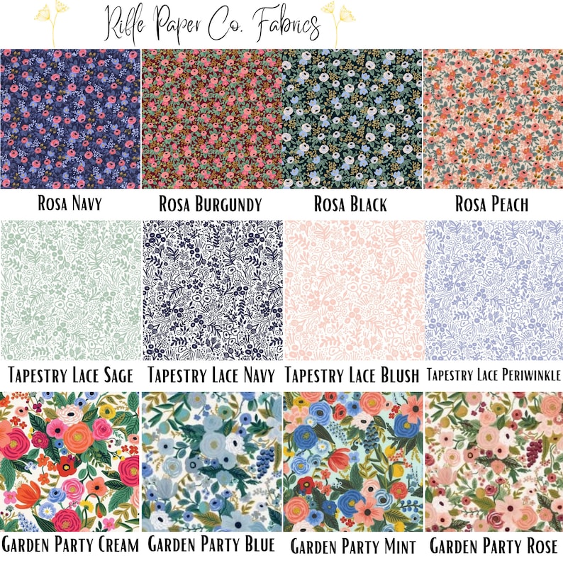 Peut inclure: &Eacute;chantillons de tissus &agrave; motifs floraux vari&eacute;s. Les tissus comprennent des motifs nomm&eacute;s Rosa Navy, Rosa Burgundy, Rosa Black, Rosa Peach, Tapestry Lace Sage, Tapestry Lace Navy, Tapestry Lace Blush, Tapestry Lace Periwinkle, Garden Party Cream, Garden Party Blue, Garden Party Mint et Garden Party Rose.