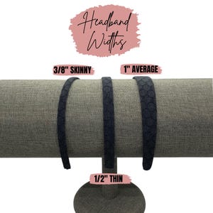 May include: Three dark gray headbands with a honeycomb texture displayed on a stand. Text labels indicate widths: 3/8 inch skinny, 1/2 inch thin, and 1 inch average. The header text reads Headband Widths, providing a clear visual size comparison.
