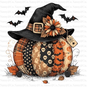 May include: A pumpkin illustration featuring a black witch hat with a plaid band and orange sunflower. The pumpkin has patchwork sections with patterns of skulls, ghosts, bats, and jack-o'-lanterns. A small tag with a spider web hangs from the hat.