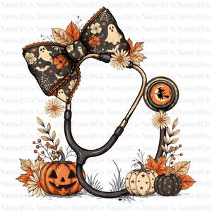 May include: A black stethoscope adorned with a large bow featuring ghosts, bats, and spiderwebs. The design includes orange pumpkins, autumn leaves, and white daisies. The chest piece displays a silhouette of a witch flying on a broomstick.