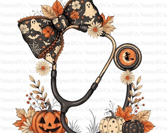 Stethoscope Nurse Bow Ghost Pumpkin PNG: Halloween Spooky Fall Season (Digital Download)
