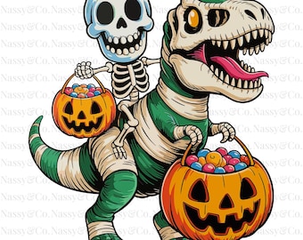 May include: A Halloween-themed illustration featuring a skeleton riding a green and white striped dinosaur. Both are holding orange pumpkin baskets filled with colorful candies. The dinosaur has a long pink tongue.