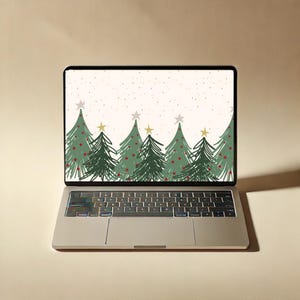 Peut inclure: Un ordinateur portable avec un fond blanc représentant une rangée de sapins de Noël verts avec des boules rouges et des étoiles dorées. Les arbres sont dessinés de manière simple et stylisée.