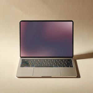 May include: A silver laptop computer with a black keyboard and a black trackpad. The laptop is closed and the screen is displaying a blurred image of a pink and purple gradient.