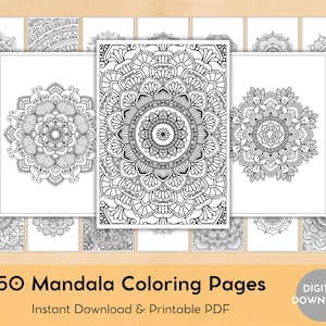 Op de afbeelding: Een verzameling van 50 mandala kleurplaten, met ingewikkelde zwart-witte ontwerpen. De pagina's tonen verschillende cirkelvormige patronen, perfect voor ontspanning en creatieve expressie. De tekst luidt "50 Mandala Coloring Pages".