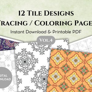 12 Tracing & Coloring Pages : Tile Patterns, Digital Printable, Stress Relieve, Art Therapy, Coloring for Adults, Mandala Template Trace