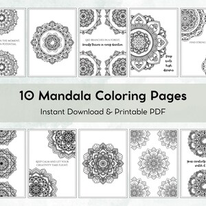 以下が含まれることがあります： インスピレーションを与える引用句付きの、印刷可能なマンダラ塗り絵10枚。マンダラは複雑で詳細に描かれており、リラックスして創造性を発揮するのに最適です。