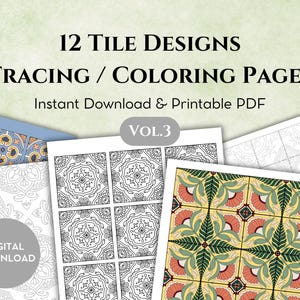 12 Tracing & Coloring Pages : Tile Designs, Printable, Digital Pages for Stress Relieve, Art Therapy, Mandala Art, Adult Coloring Page