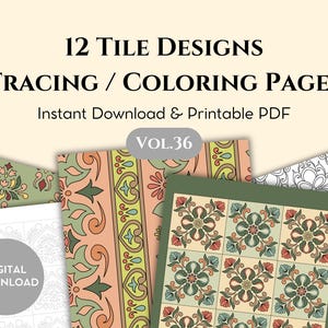Può includere: Una raccolta di 12 disegni di piastrelle da ricalcare e colorare, presentati come PDF stampabile. L'immagine mostra vari motivi floreali e geometrici in tonalità di verde, arancione e crema, insieme a versioni in bianco e nero.