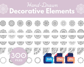 Könnte beinhalten: Sammlung von 300 handgezeichneten dekorativen Elementen in Schwarzweiß. Die Designs umfassen verschiedene Mandala-Muster, Eckendesigns und kreisförmige Rahmen. Dateiformate: SVG, PNG und JPG.