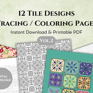 12 Tracing & Coloring Pages : Tile Designs, Printable, Digital Pages for Stress Relieve, Art Therapy, Mandala Art, Adult Coloring Page